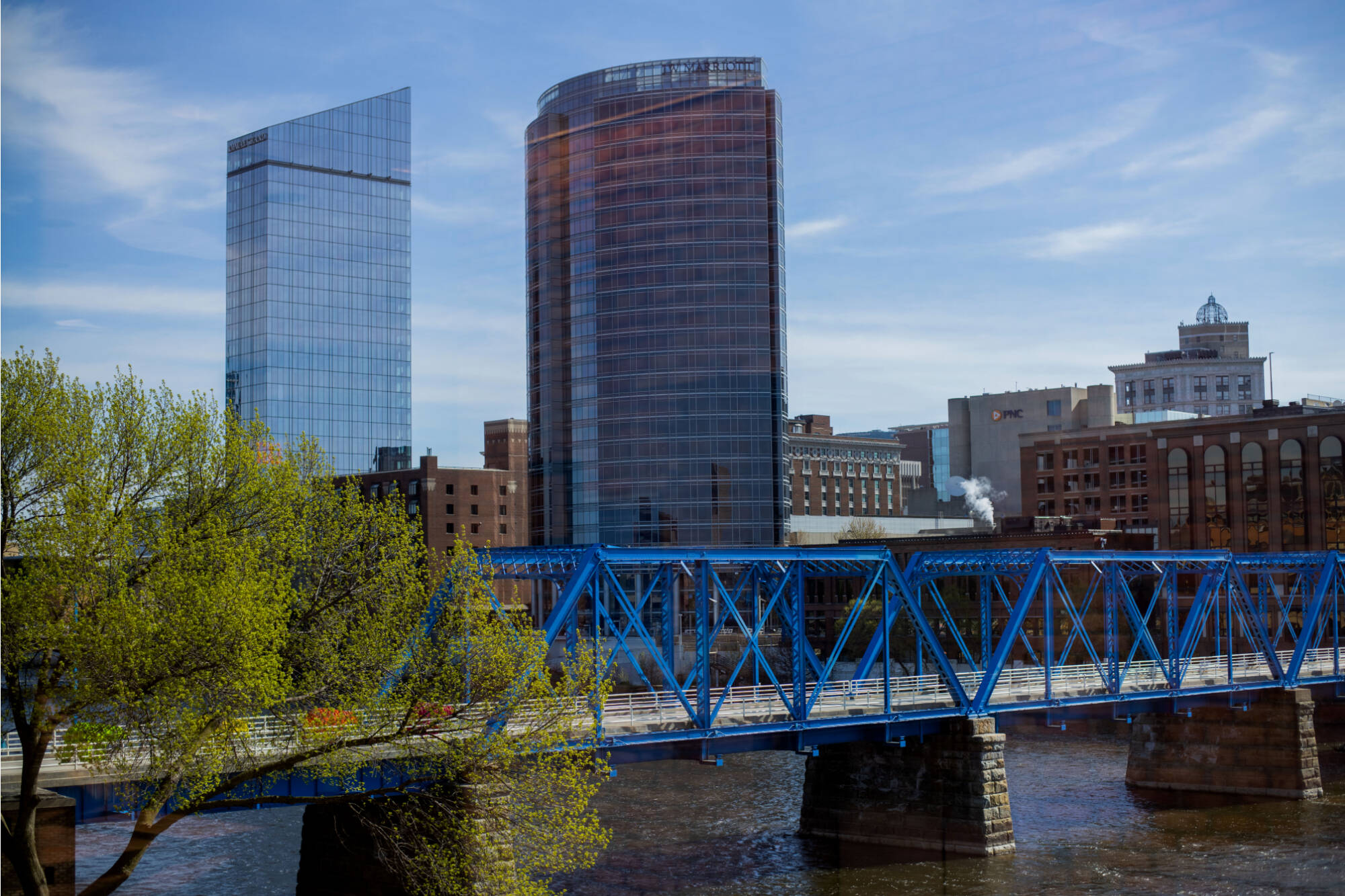 the iconic blue bridge in Grand Rapids